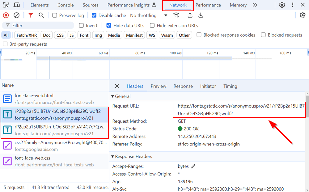 URLs of WOFF2 files in the Network tab of Chrome DevTools