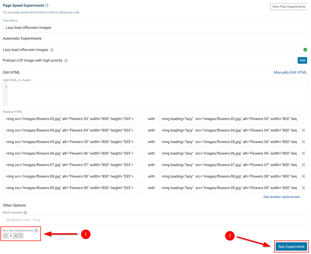 Page Speed Experiments configuration in DebugBear