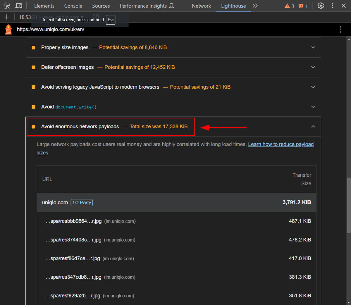 Yellow flag example for a 17338 KB network payload