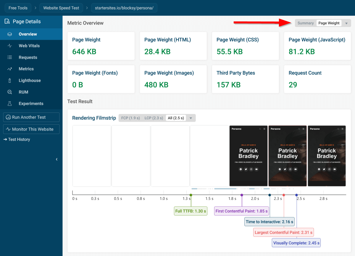 Page weight overview of the Persona demo of the Blocksy WordPress theme