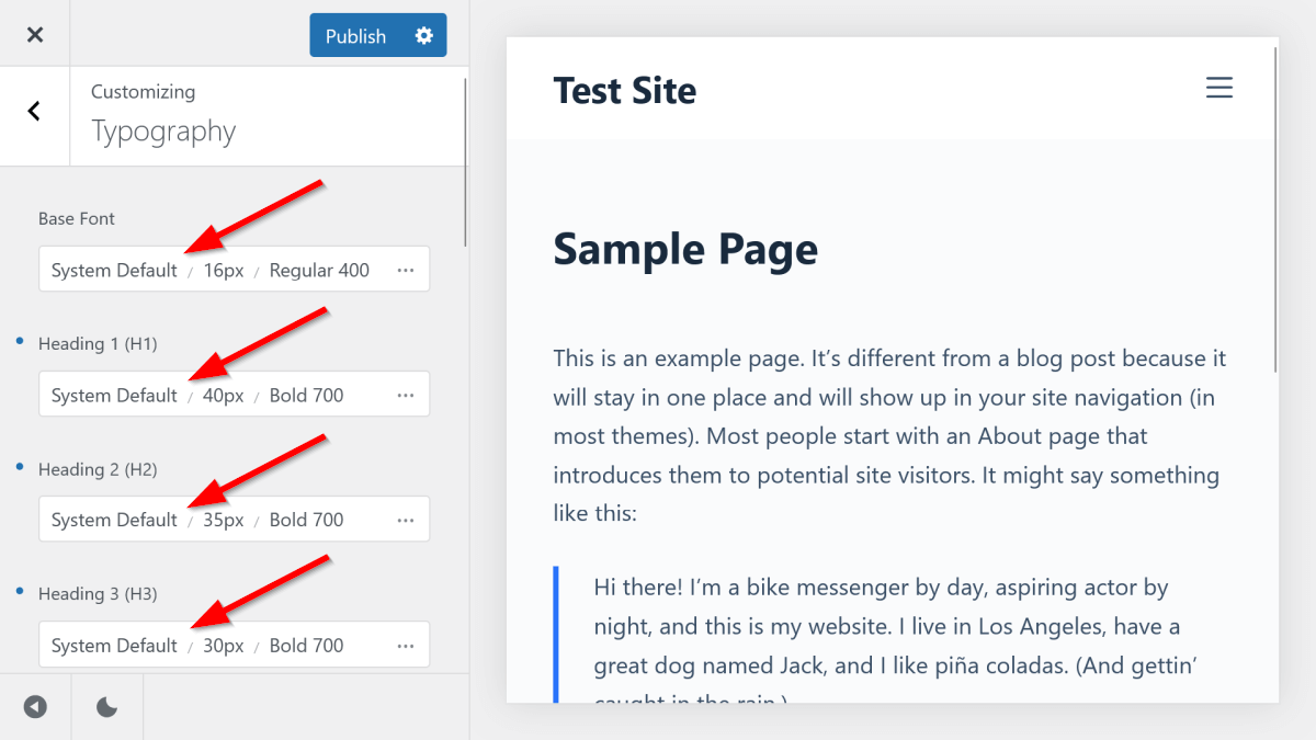 Setting system fonts in the Blocksy theme