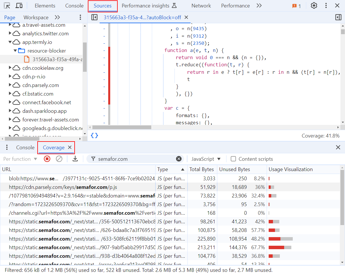 Coverage and Sources panels in Chrome DevTools