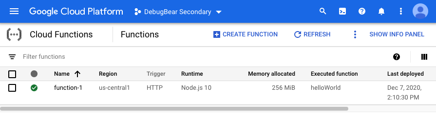 Page showing GCP Cloud Functions