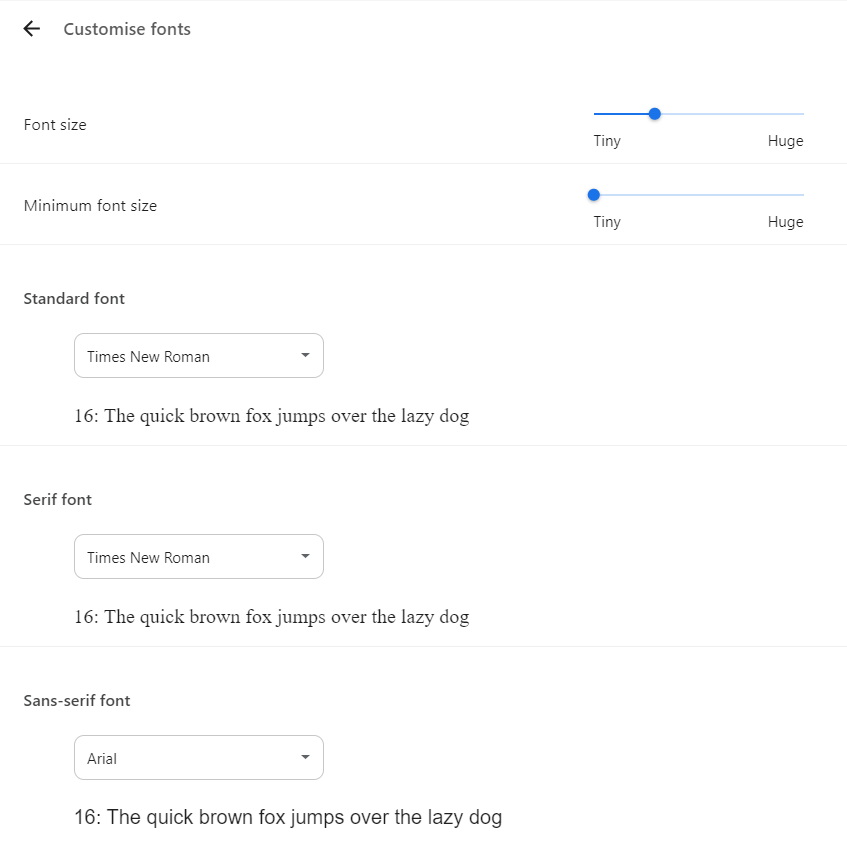 Default font in the user settings of Google Chrome