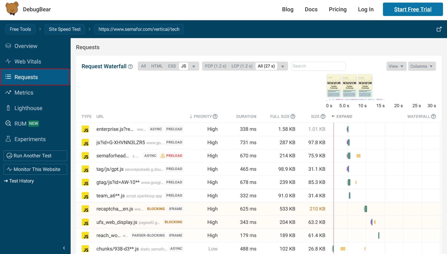 DebugBear report, request waterfall with JavaScript files