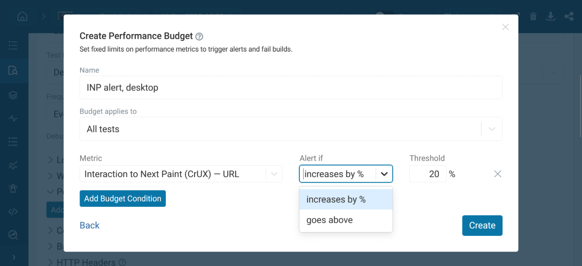 Performance budget modal in DebugBear synthetic monitoring