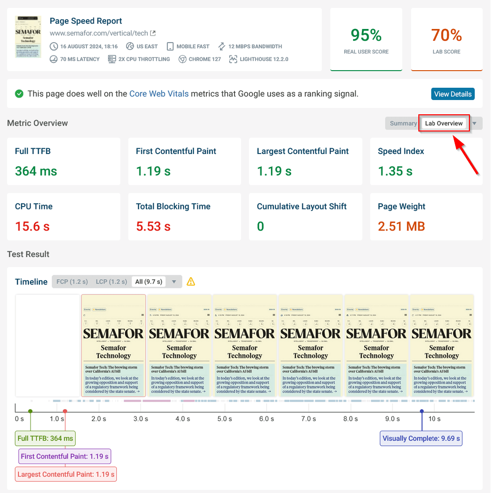 Lab overview of a free DebugBear website speed test