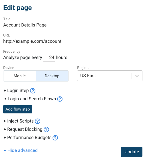 Edit monitored page form, login steps are expanded