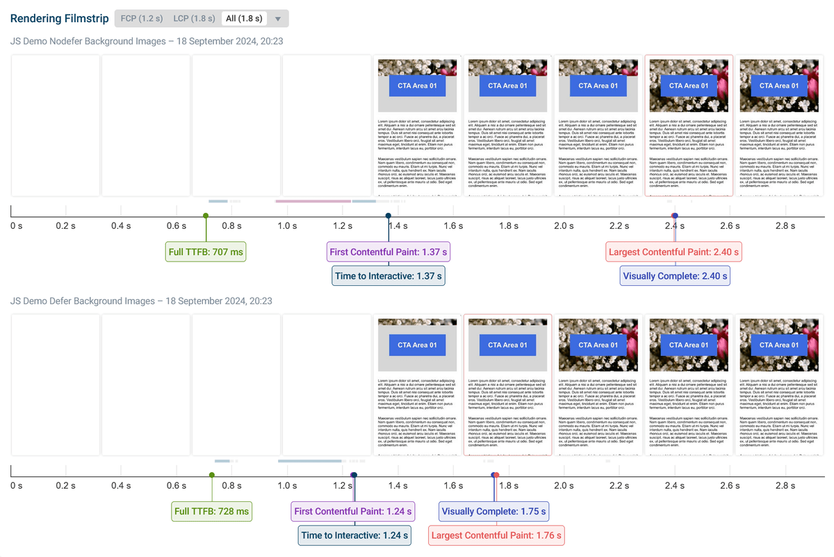 Rendering filmstrip comparison for the JavaScript demos on mobile