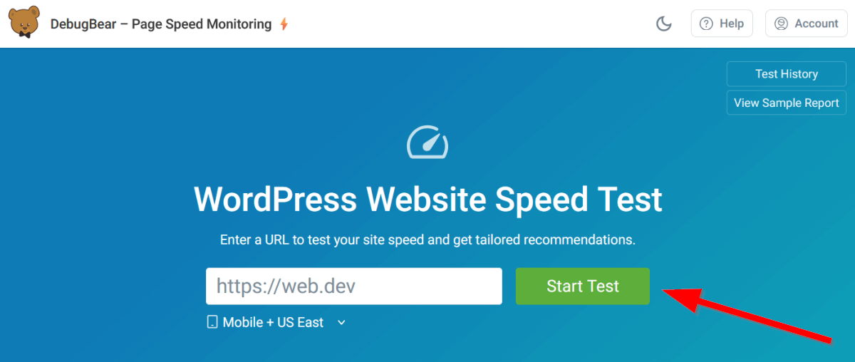 Free WordPress website speed test DebugBear