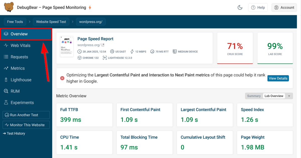 Overview of a free WordPress speed test for the homepage of wordpress.org