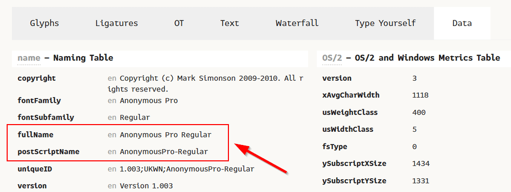 FontDrop app, full name and postScrpt name in naming table