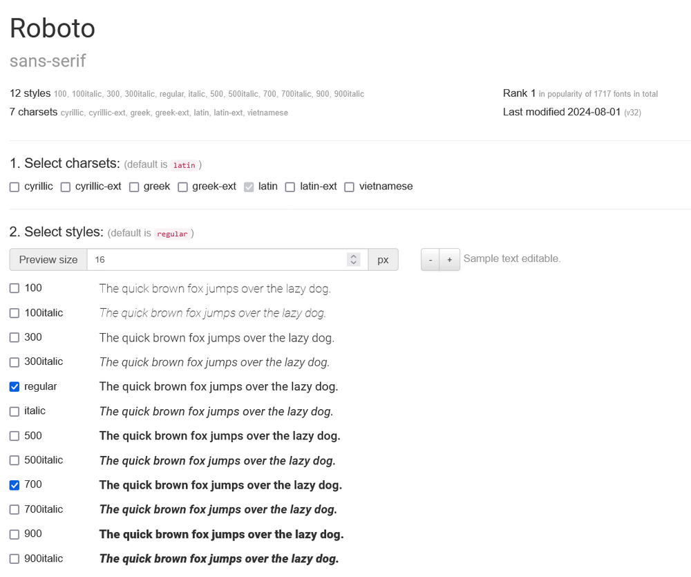 Google Web Fonts Helper, Roboto, with font styles and character sets