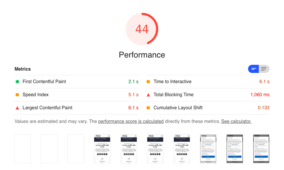 Performance metrics at the top of the Lighthouse report