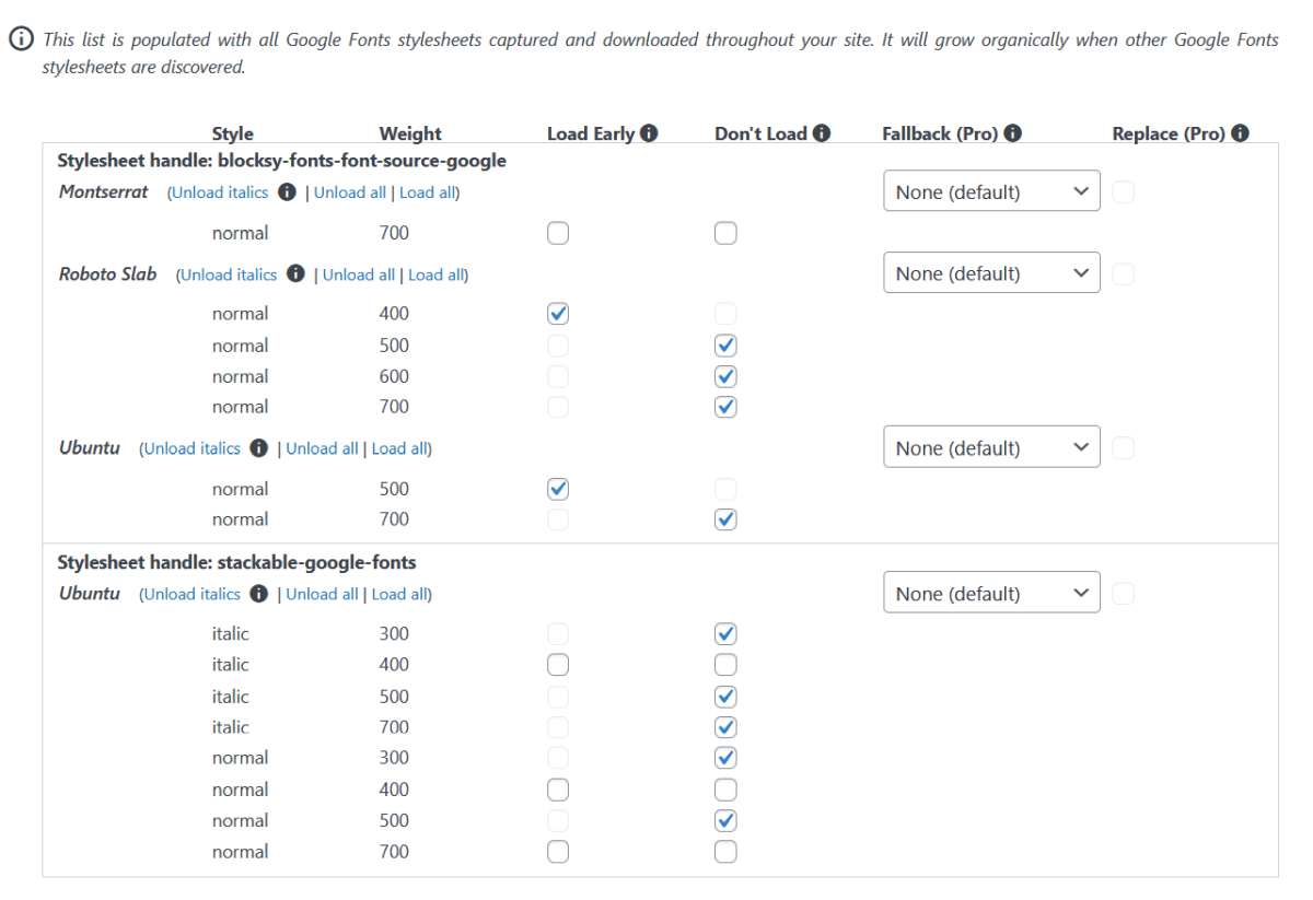 Options for locally loaded fonts in the OMGF plugin