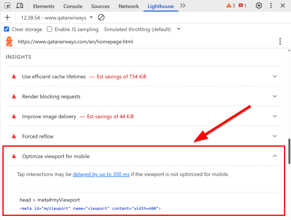 Optimize Viewport for Mobile Lighthouse insight in Lighthouse for the mobile home page of Qatar Airways