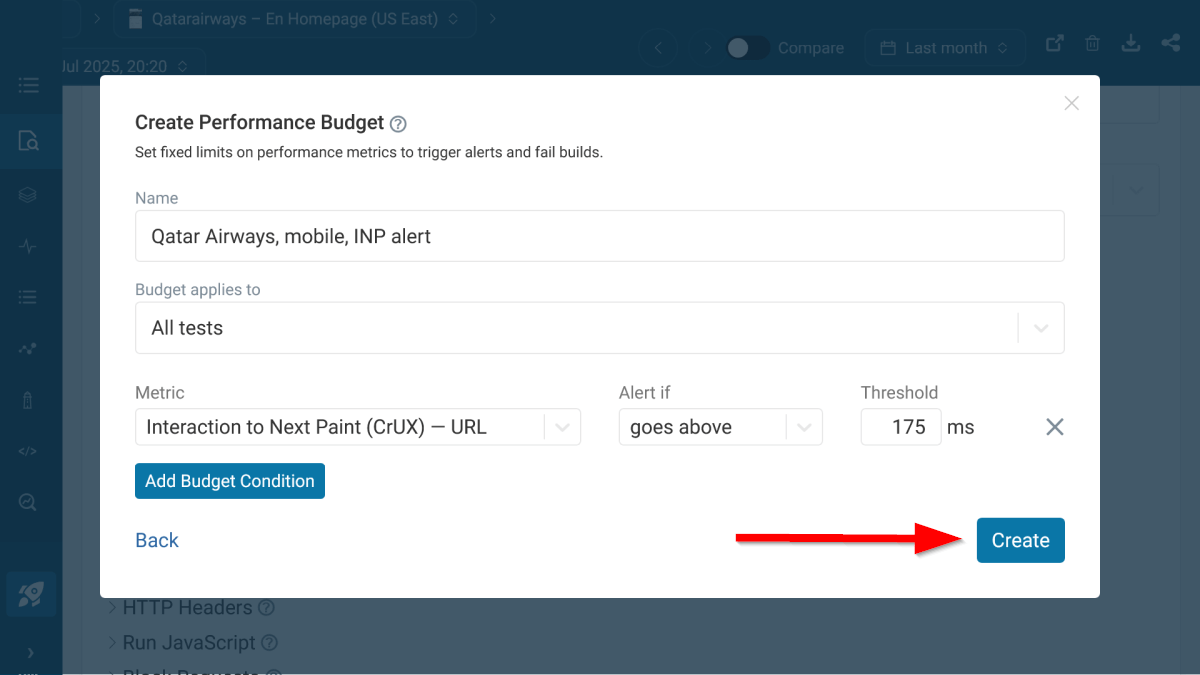 Performance budget for Interaction to Next Paint alerts in DebugBear