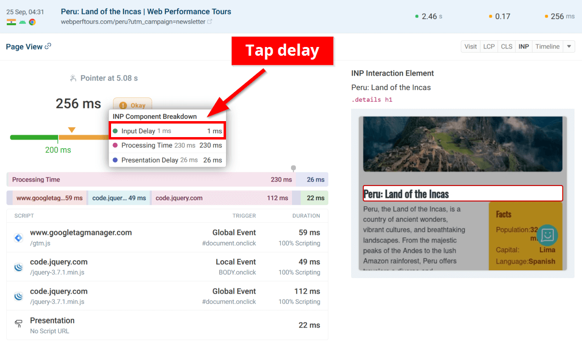 INP breakdown in real user monitoring in DebugBear