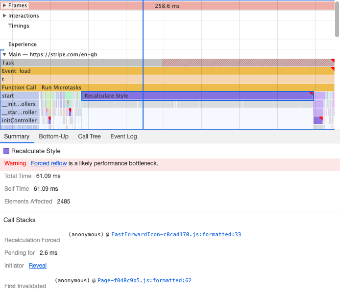 Forced reflow in Chrome DevTools