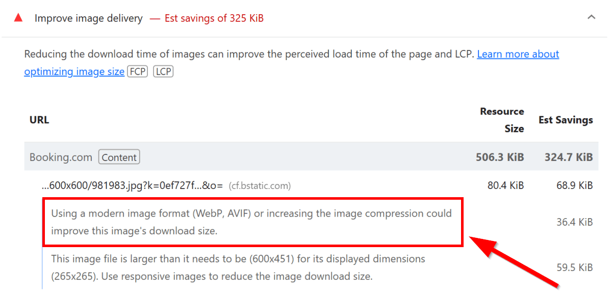 Using a modern image format notification for the Improve image delivery insight