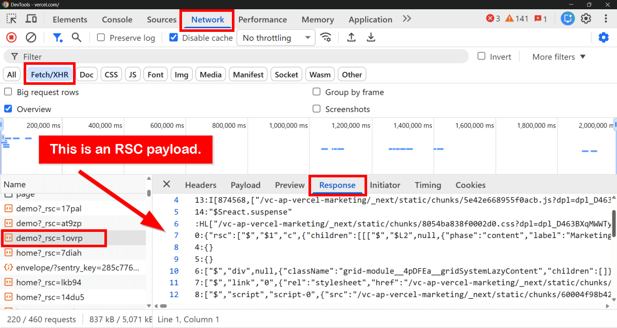 React Server Component payload example from the Vercel homepage in Chrome DevTools