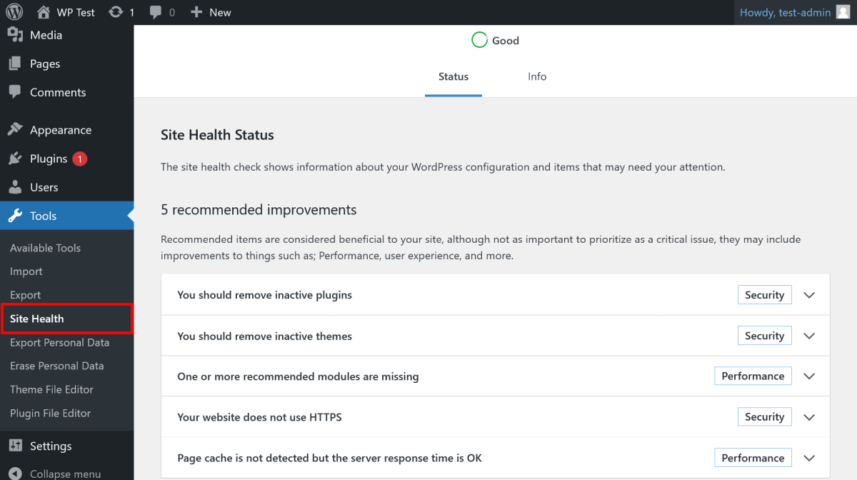 WordPress Health status screen