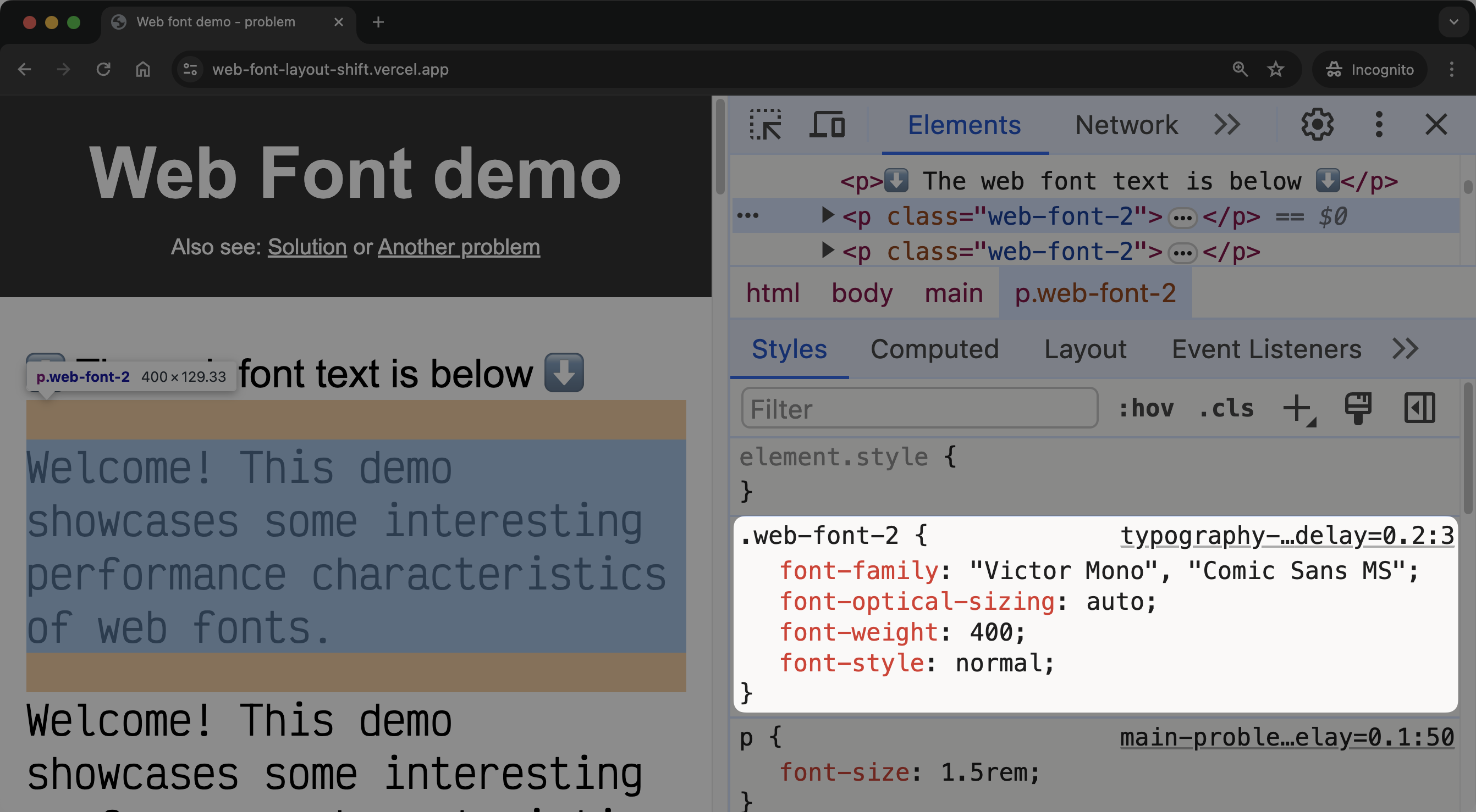 Inspecting the main text in Chrome DevTools
