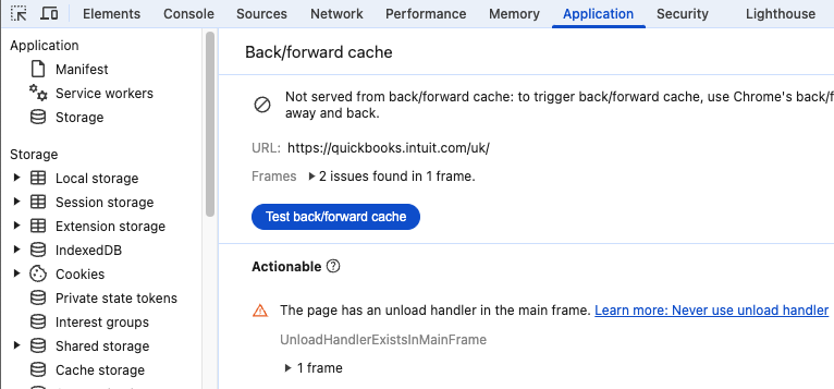 Back/forward cache test in Chrome DevTools