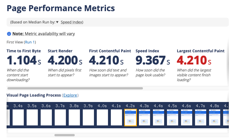 WebPageTest page performance metrics and rendering filmstrip