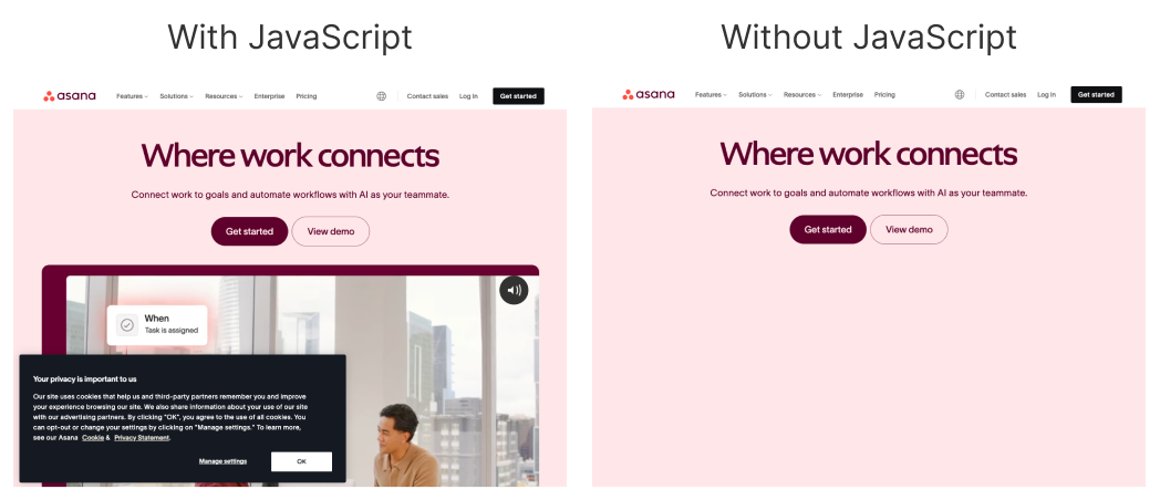 Screenshots showing a page with and without JavaScript enabled