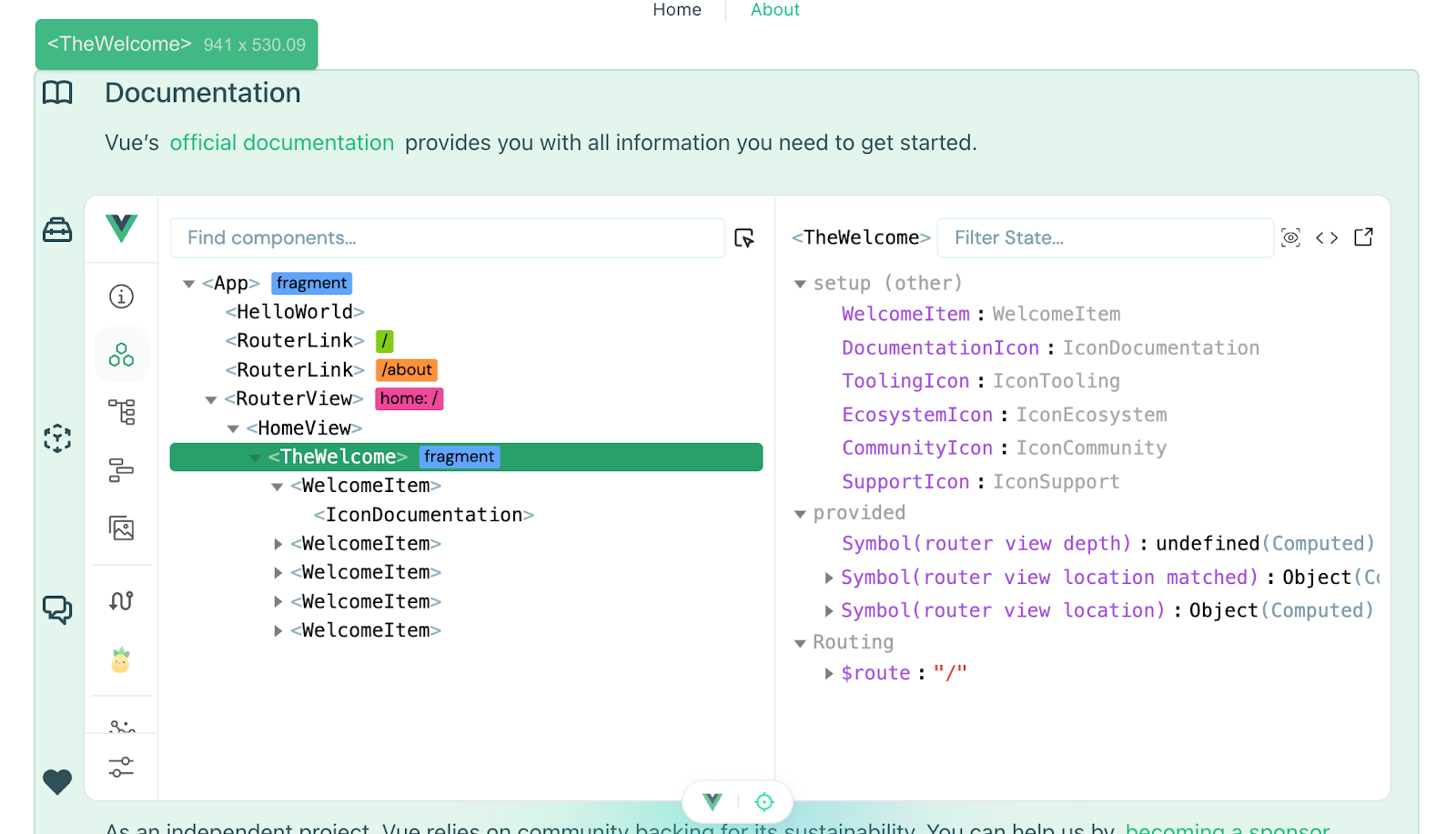 Vue component inspection