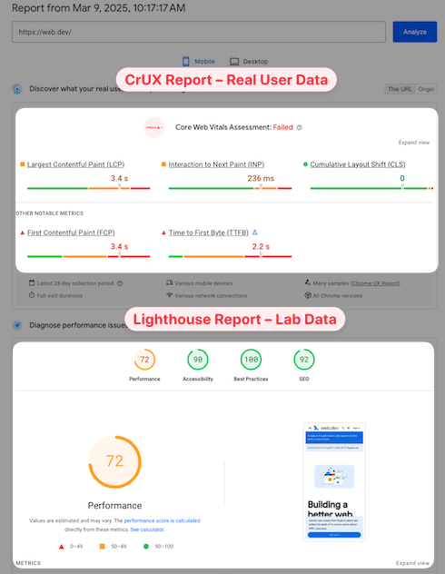 CrUX and Lighthouse data in the Chrome User Experience report