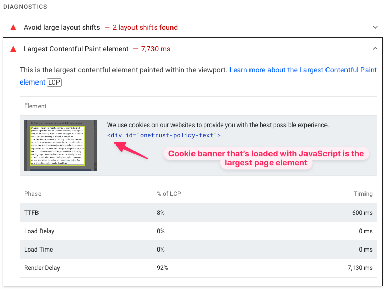 Cookie banner as the Lighthouse LCP element