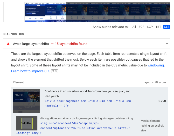 Avoid large layout shift audit in Lighthouse