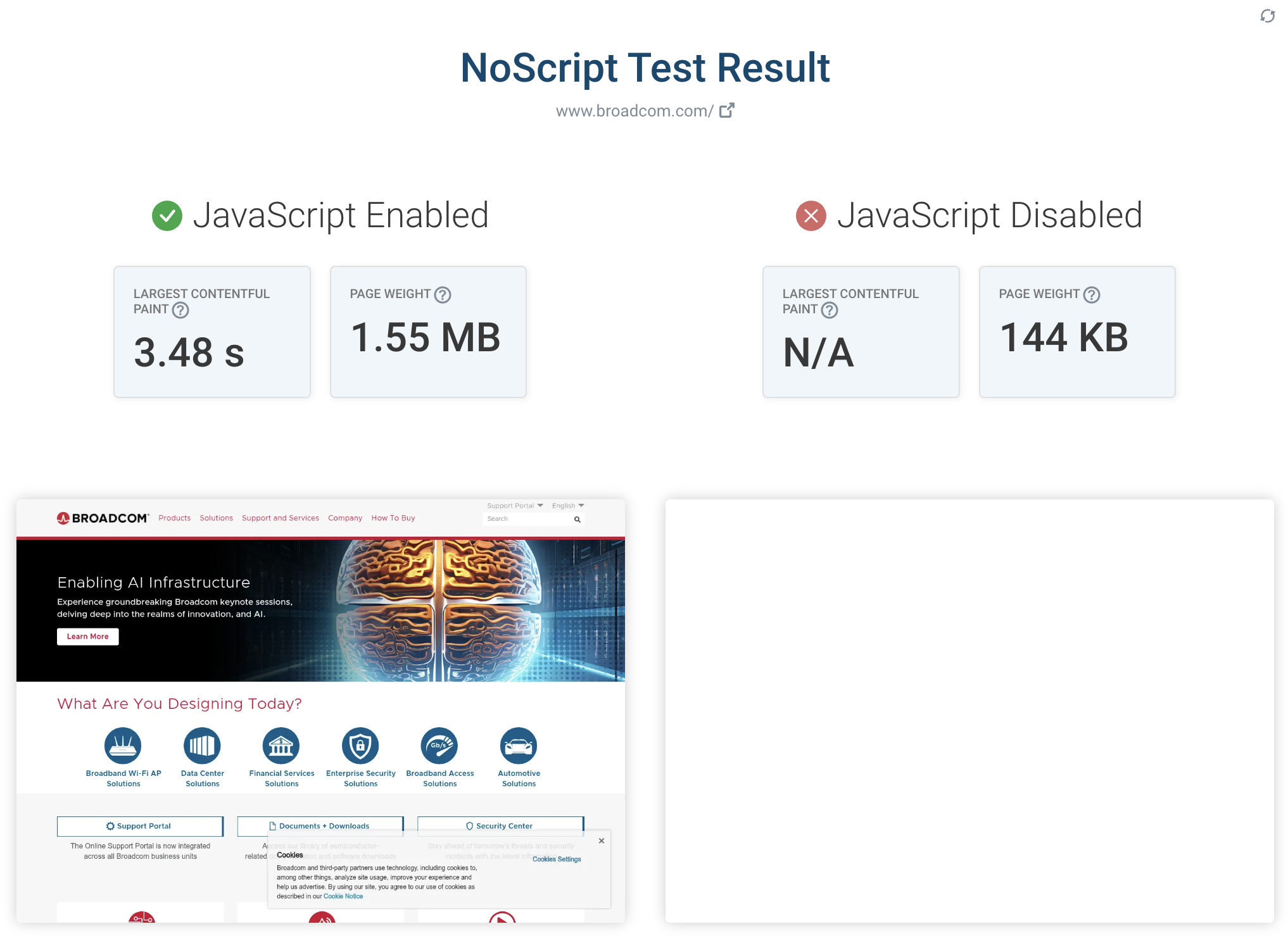 NoScript Test result for a client-side rendered page