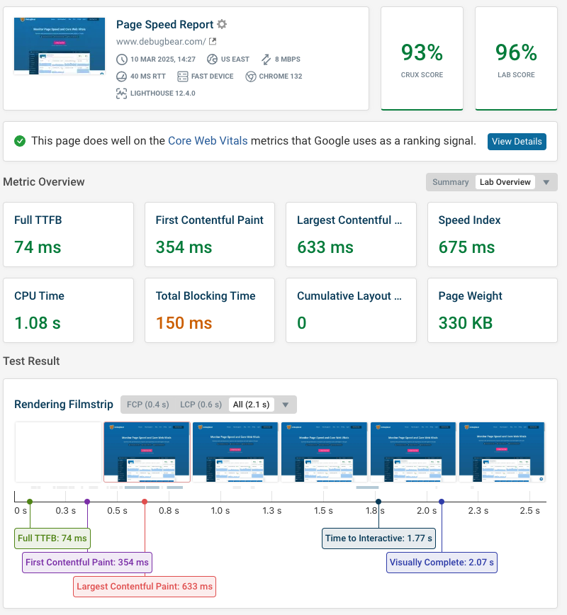 DebugBear warm load test result