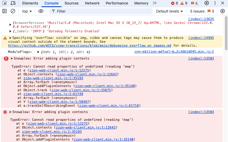 Chrome DevTools console showing messages