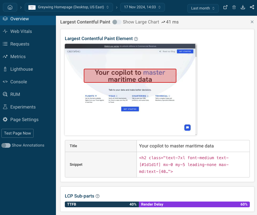 DebugBear test result with LCP data