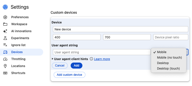 Custom devices in Chrome DevTools