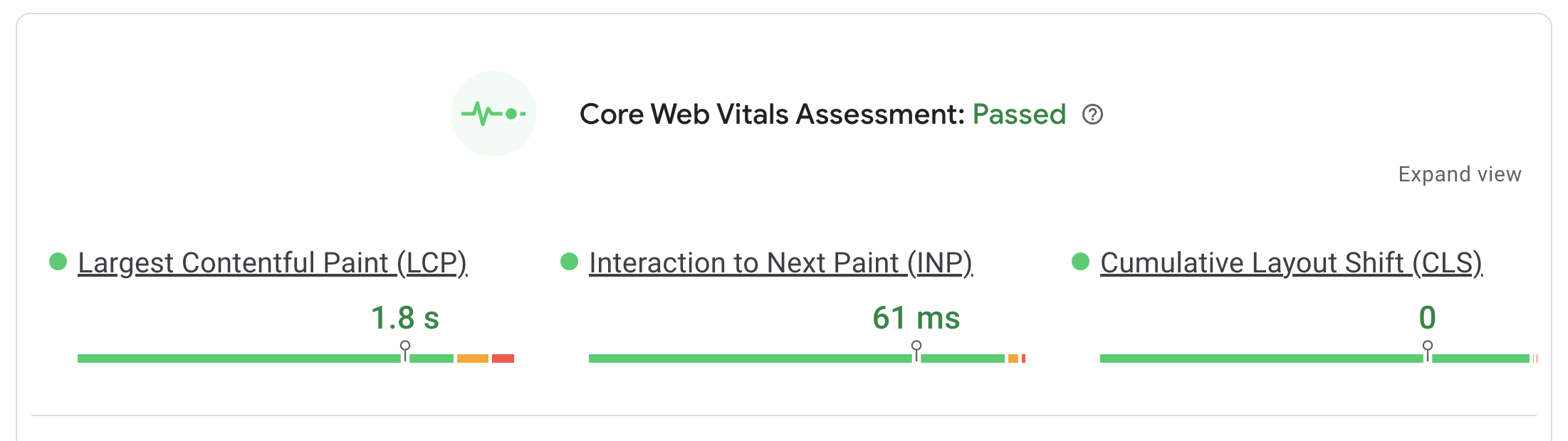 PageSpeed Insights Core Web Vitals assessment passed