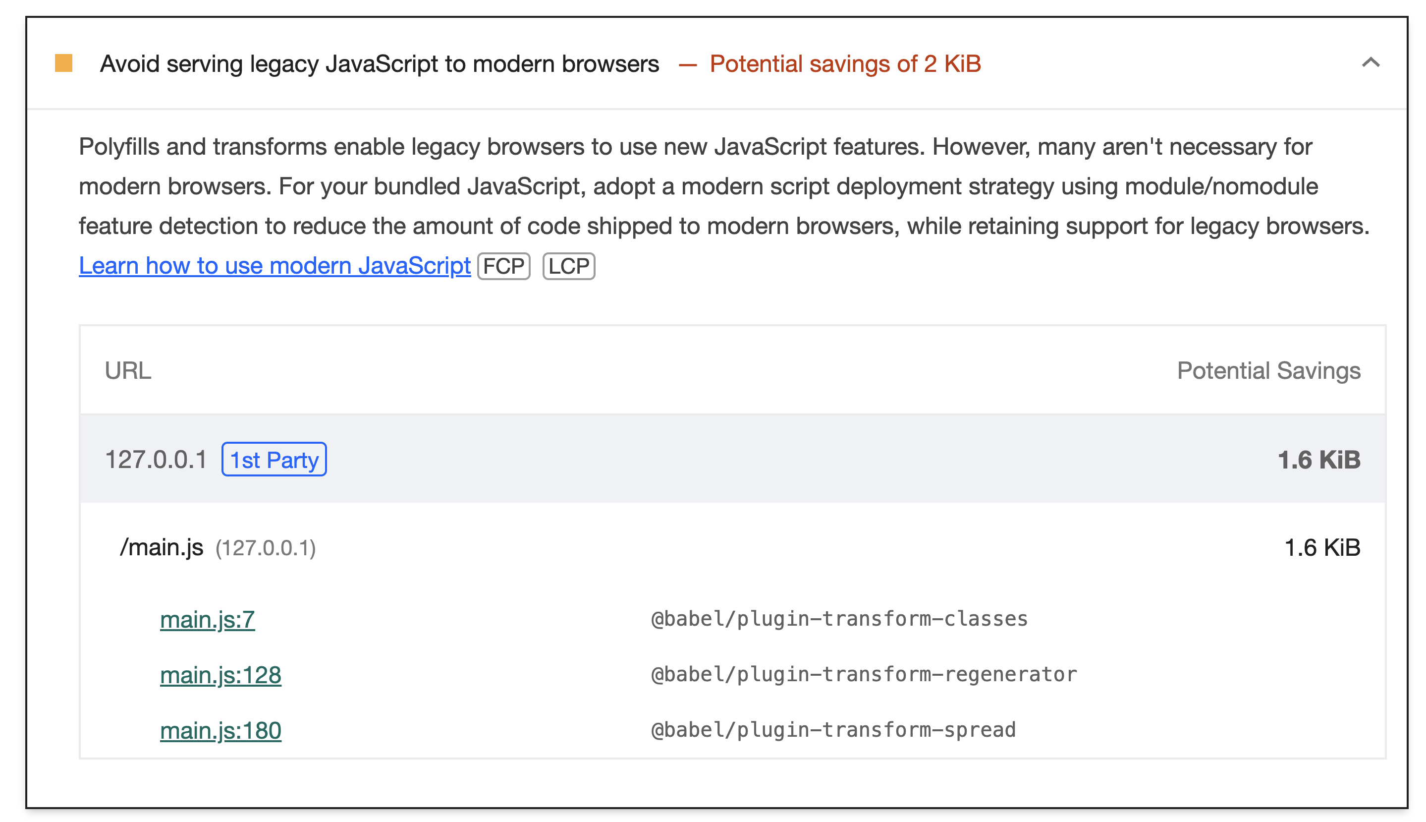 Lighthouse audit showing the "Avoid serving legacy JavaScript to modern browsers" warning