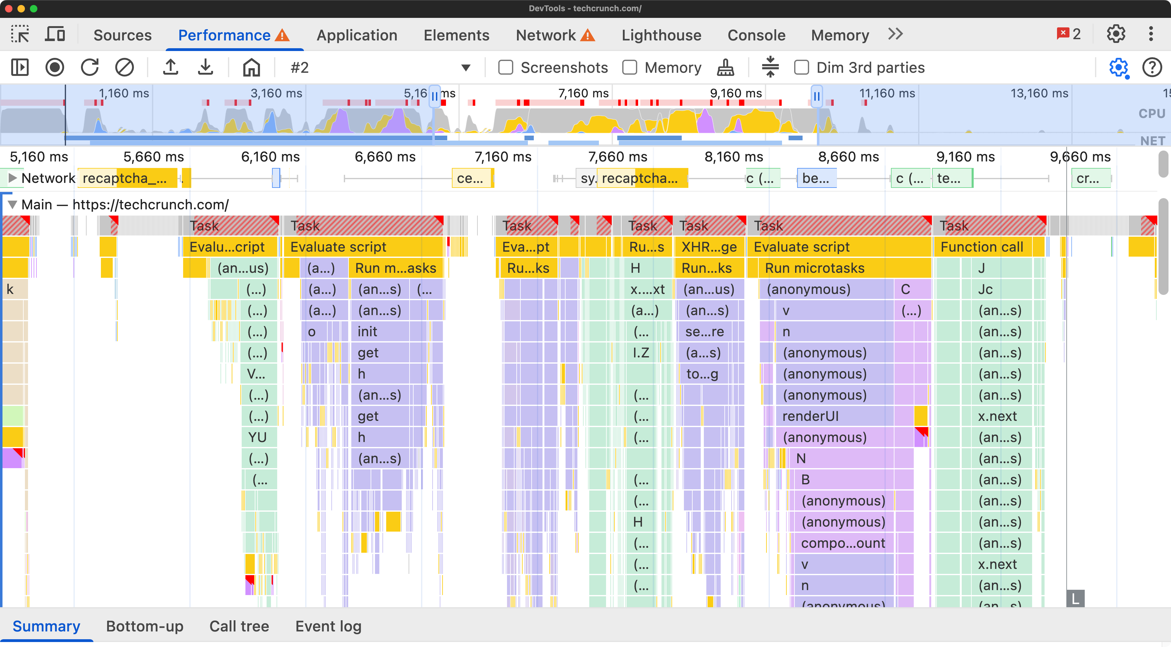 Original view of the devtools performance panel