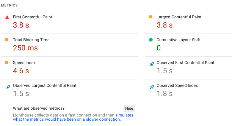 PageSpeed Insights observed metrics