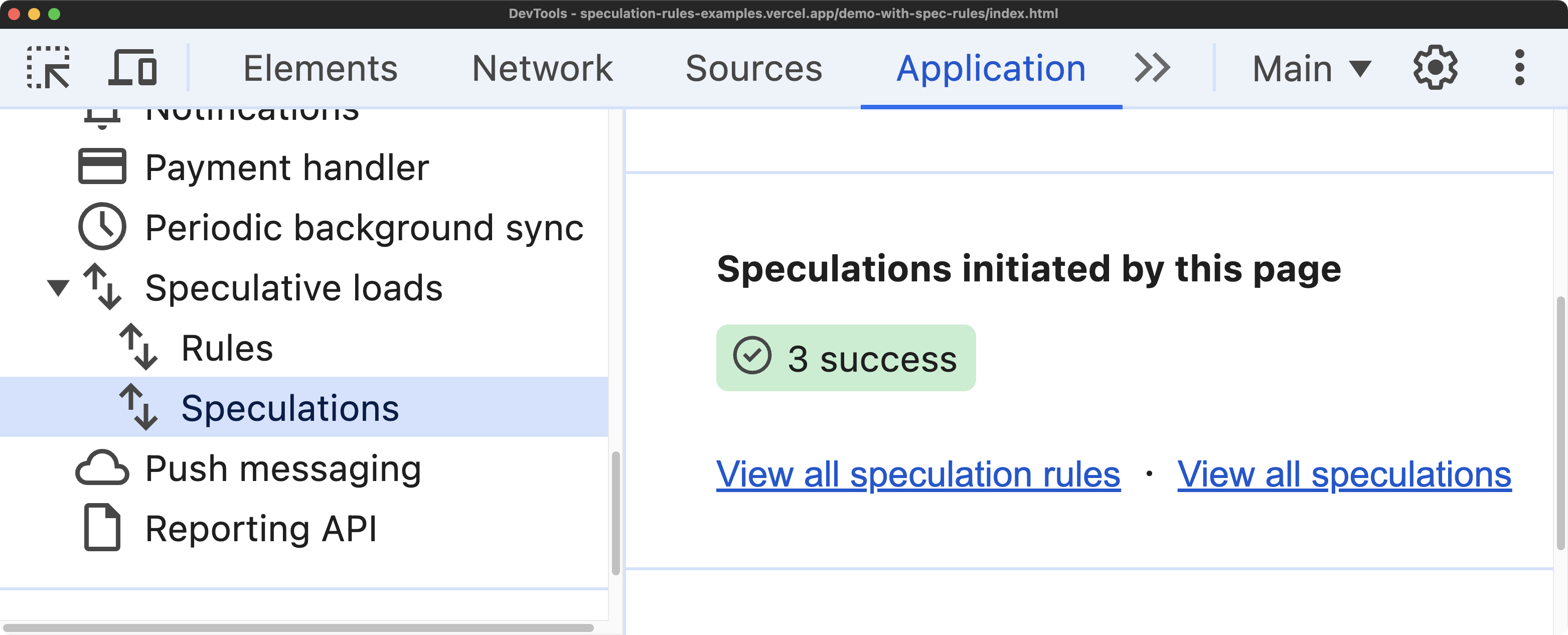 Inspecting speculations in the Application panel