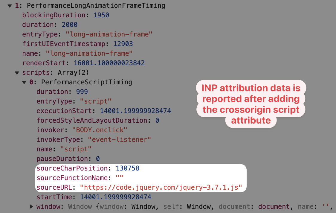 Long Animation Frame data in the DevTools console with source URL and char position present