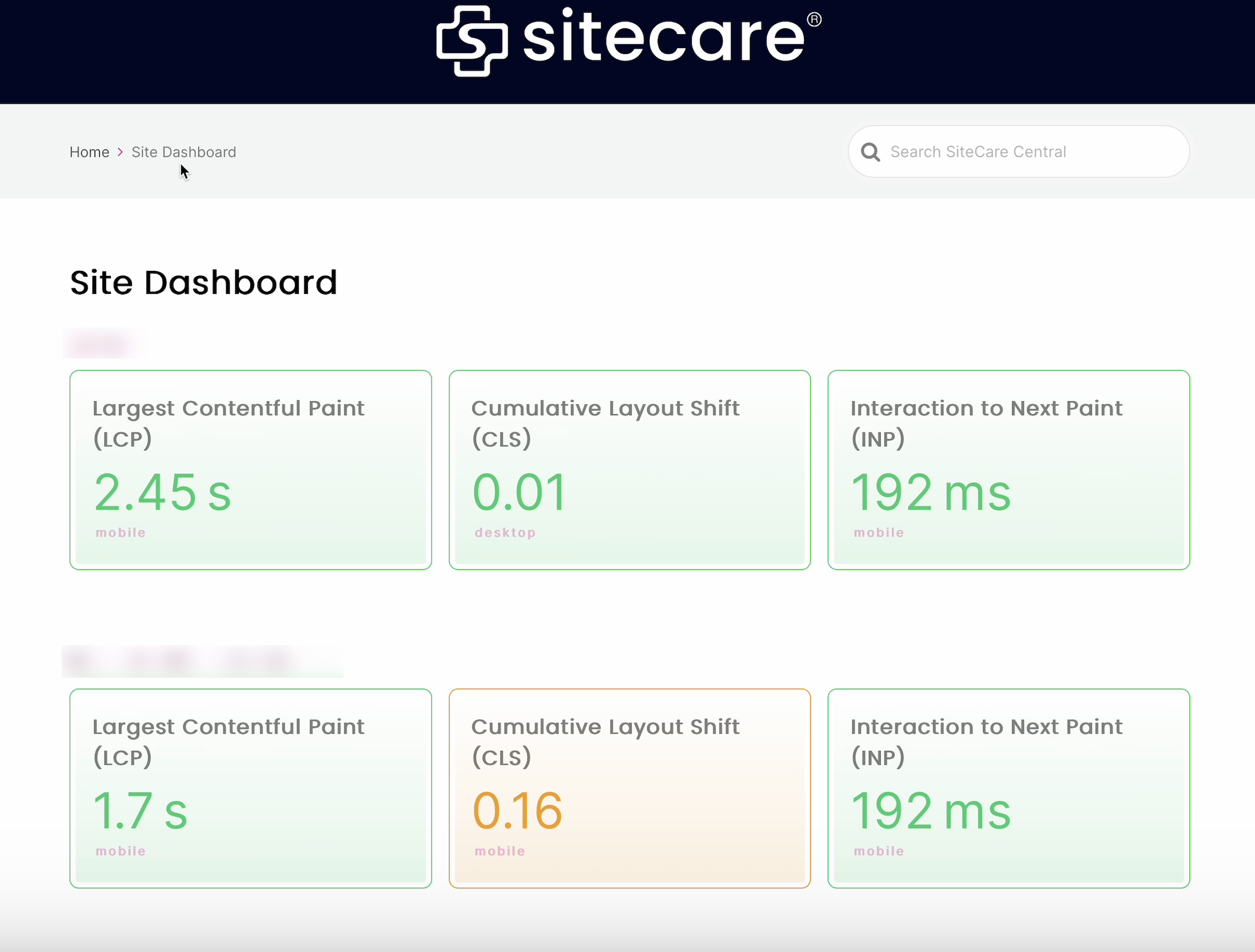 SiteCare's custom WordPress dashboard using the DebugBear API