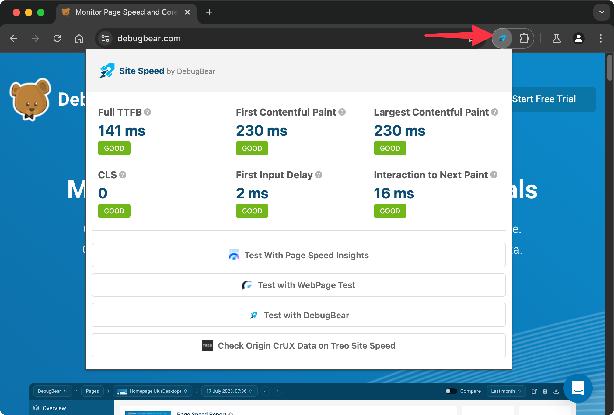 Site speed extension screenshot