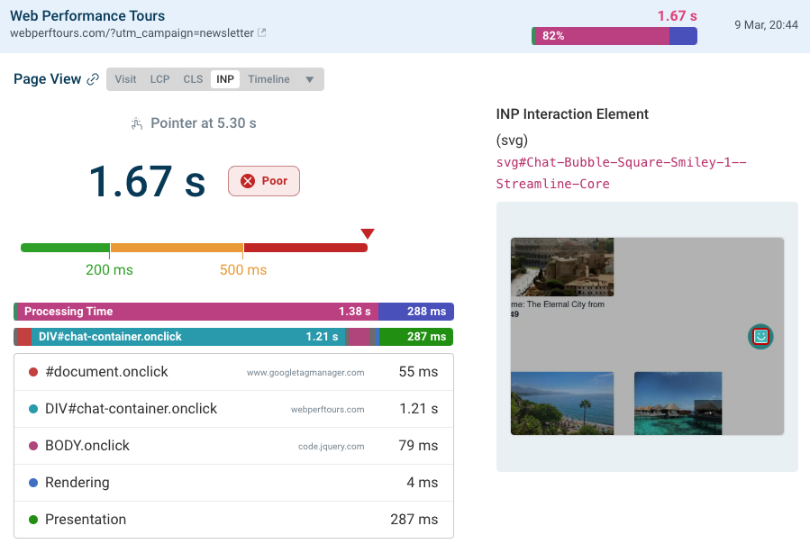 DebugBear RUM INP page view data