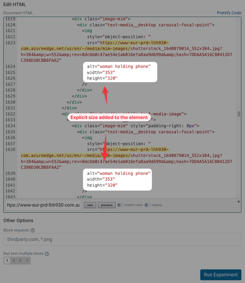 DebugBear experiment with media size added