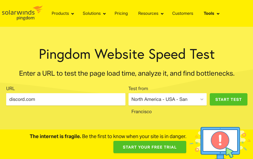 Pingdom site speed test landing page